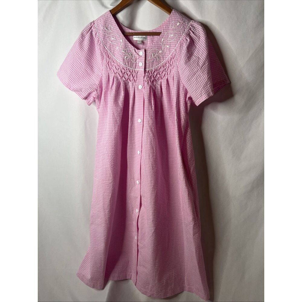 Miss Elaine Seersucker Gingham Checkered Short Sleeve Snap Front Robe Pink S - Picture 4 of 8